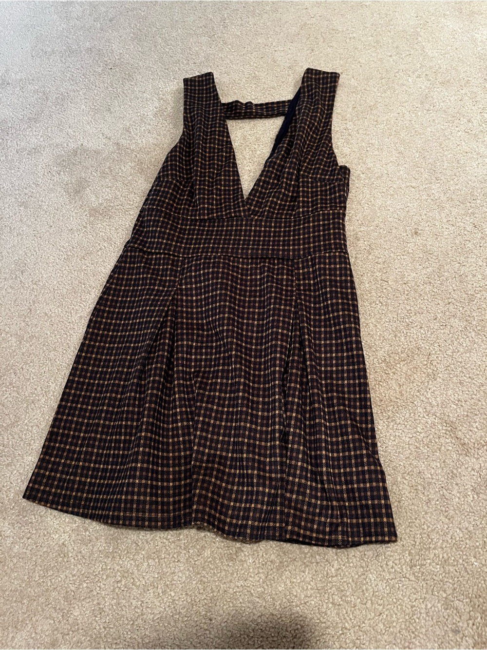 American Eagle Fall Plaid V-Neck Sleeveless Women's Dress in Browns